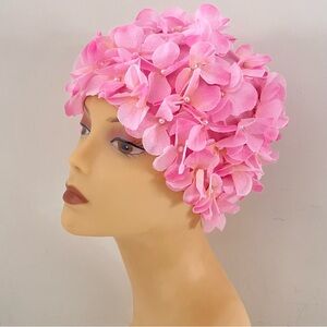 Vintage-Inspired Pink Floral Swim Cap with Pearls retro swimwear style